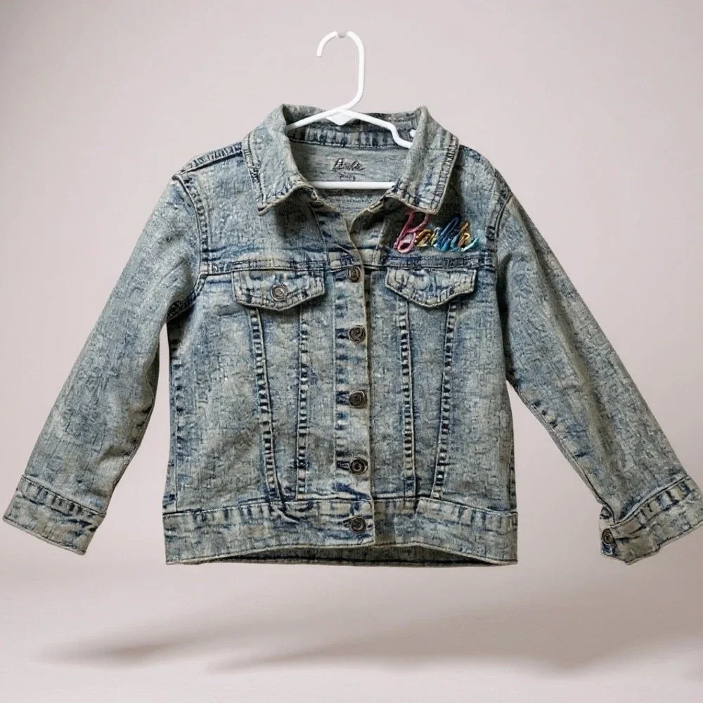 Barbie Girls Denim Jacket XS 4 5 Acid Wash Rainbow Embroidered Jean Coat Kids‎